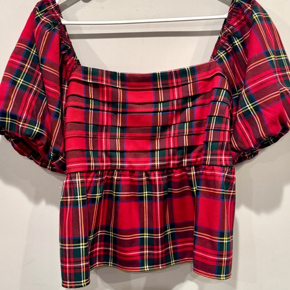 Francesca’s Collections Nicole Plaid Puff Sleeve Pleated Holiday Blouse NWT - Picture 4 of 15